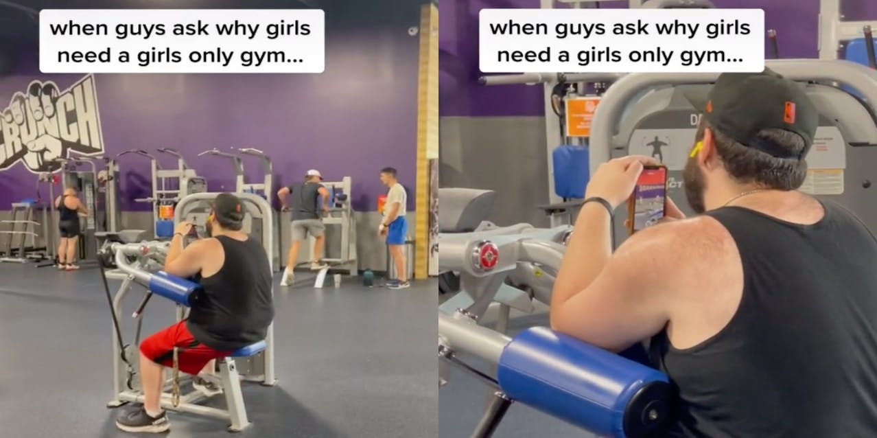 Two panel screenshot from TikTok where a man is sitting on an exercise machine and taking photos of a girl on Snapchat. The text "When guys ask girls why girls need a girls-only gym."