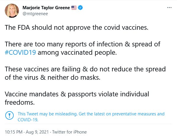 A tweet from Marjorie Taylor Greene containing COVID misinformation that resulted in her getting suspended from Twitter.