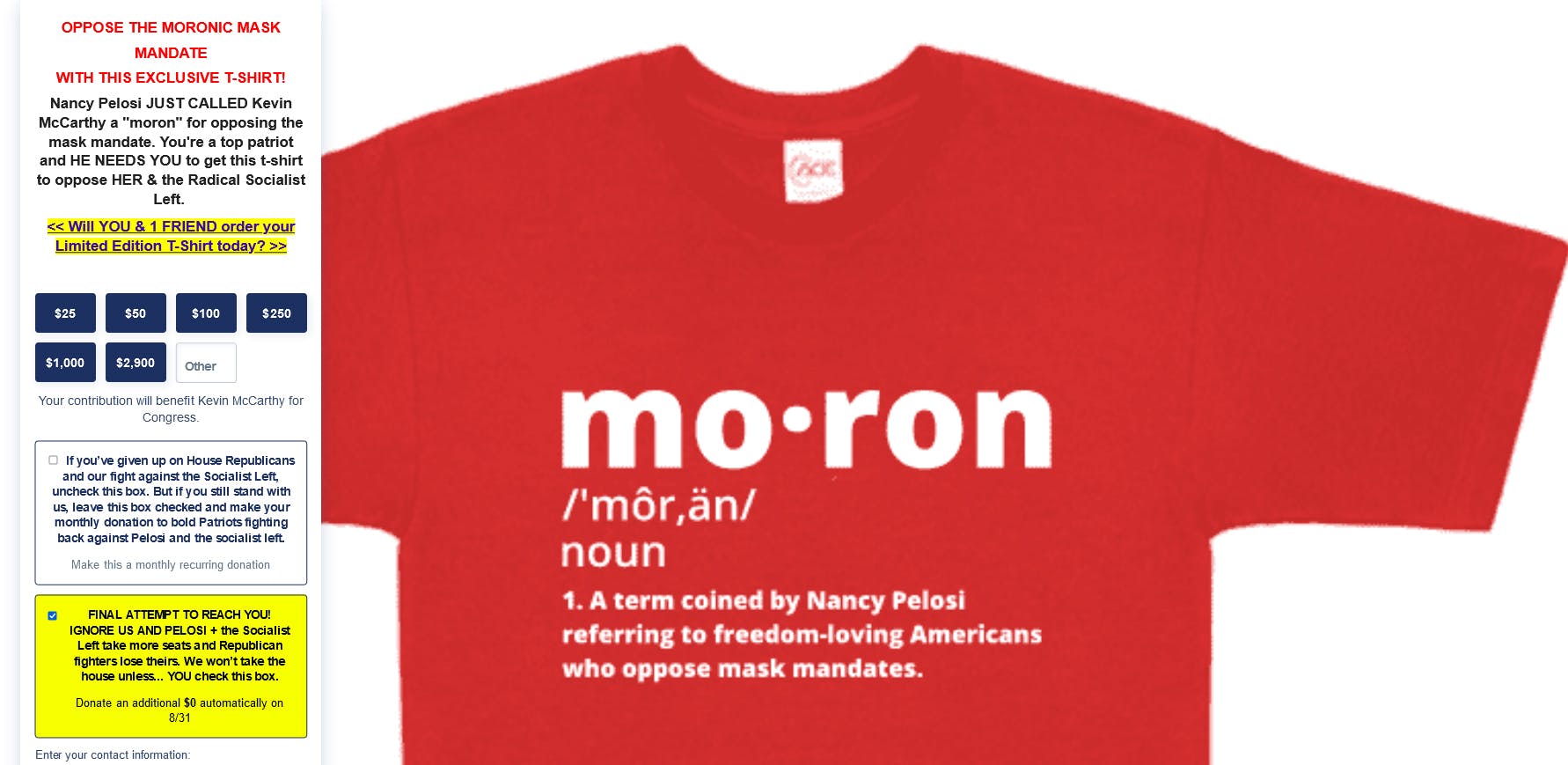 A shirt being sold by Kevin McCarthy that says moron on it.