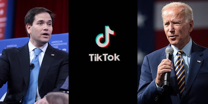 Pictures of Marco Rubio, the TikTok logo, and President Joe Biden.