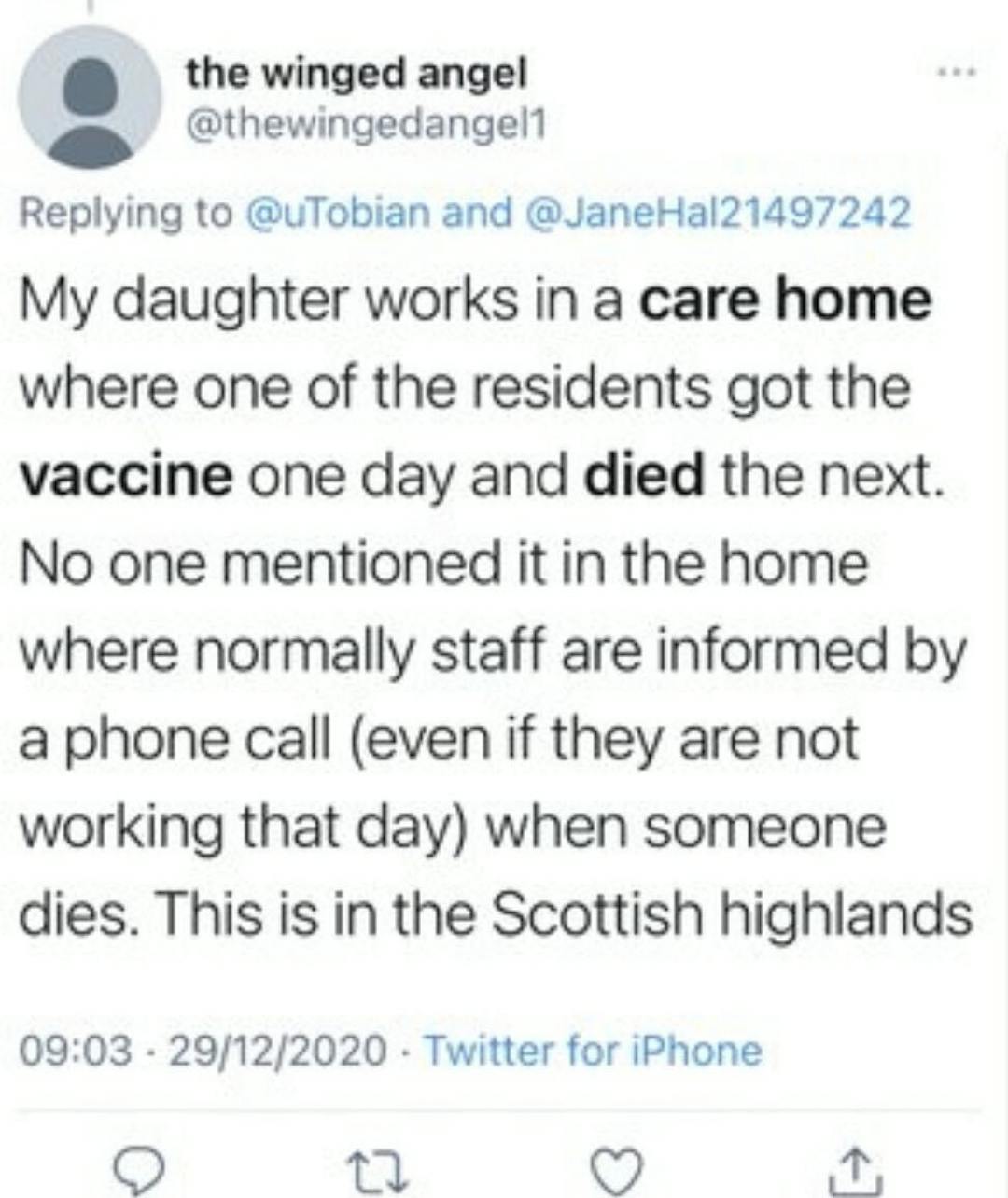 woman on twitter saying she knows of post vaccine nursing home daeth