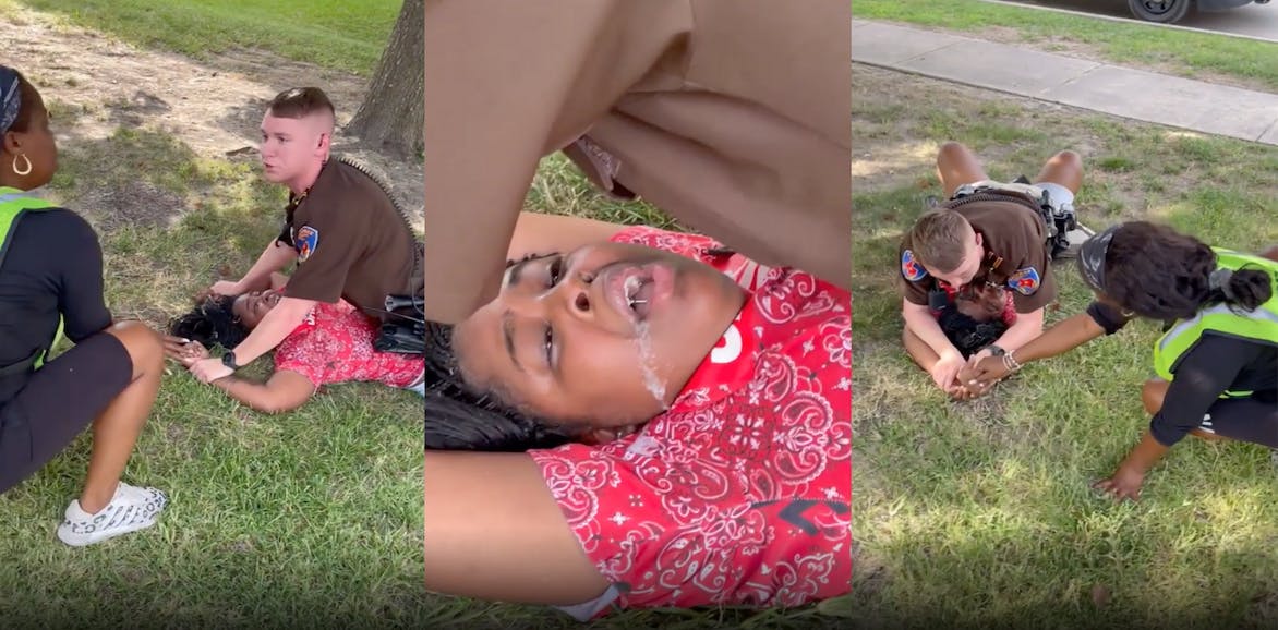 Three panel screenshot from video of Texas deputy officer lying on top of Black woman after possibly walking into traffic on purpose. He is lying on top of her and she is foaming at the mouth, Her mother tries to comfort her by holding her hand.
