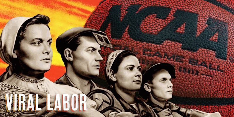 Four young soviets in front of NCAA basketball with caption VIRAL LABOR