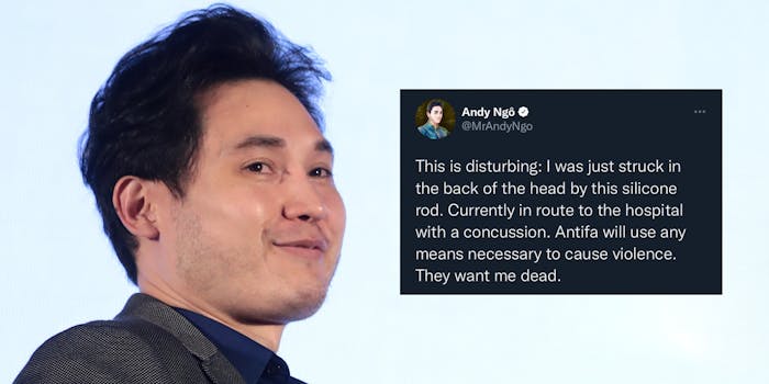 Andy Ngo with fake tweet "This is disturbing: I was just struck in the back of the head by this silicone rod. Currently in route to the hospital with a concussion. Antifa will use any means necessary to cause violence. They want me dead."