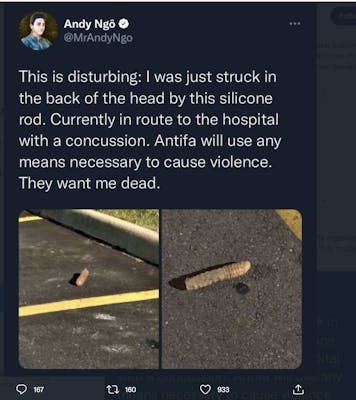 fake tweet of andy ngo saying he was hit by a dildo