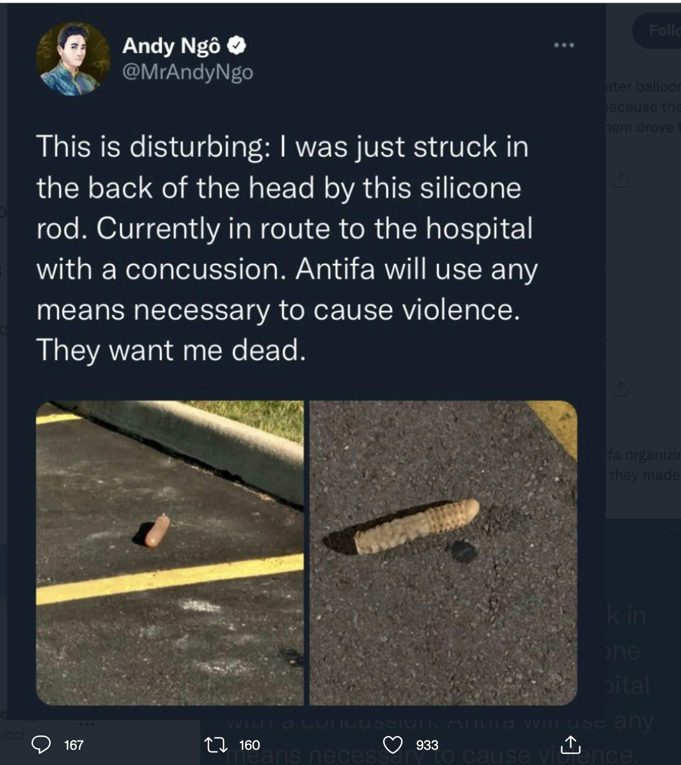 fake tweet of andy ngo saying he was hit by a dildo