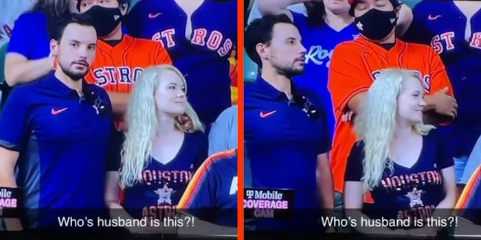 man with his arm around a woman's shoulder at baseball game (l) man steps away from woman (r) both with caption "Who's husband is this?!"