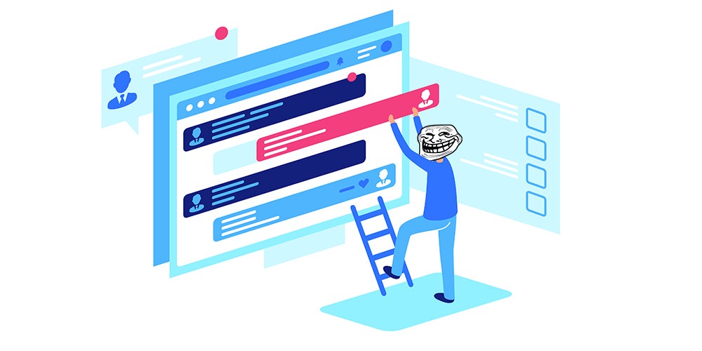 person with Trollface mask removes posts from a forum while stepping on a short ladder