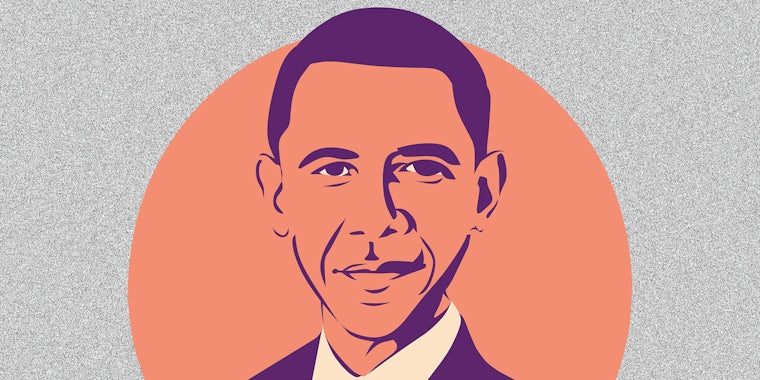 A cartoon portrait of Barack Obama.