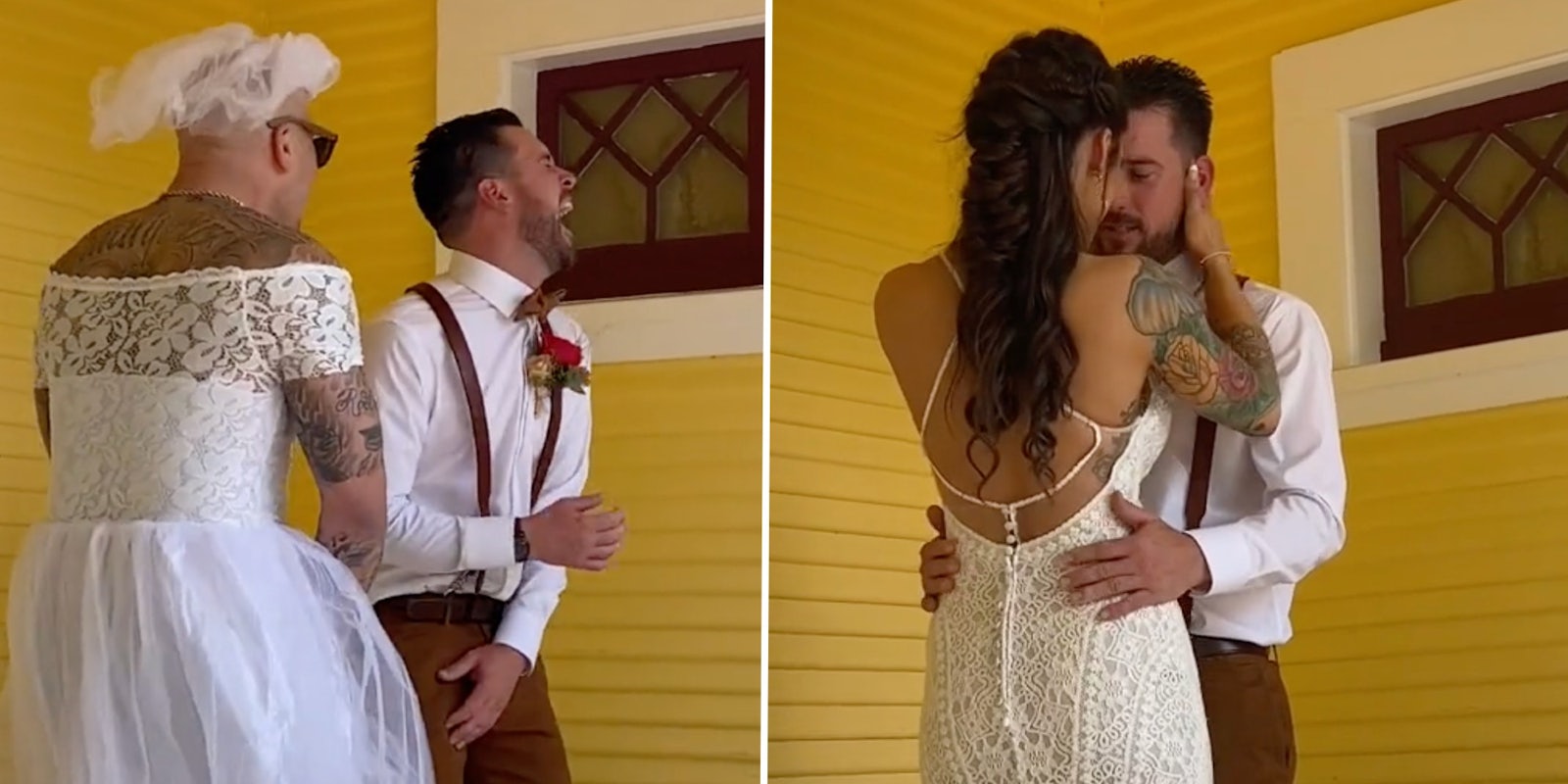 groomsman dressed as bride during first look, real first look with bride,