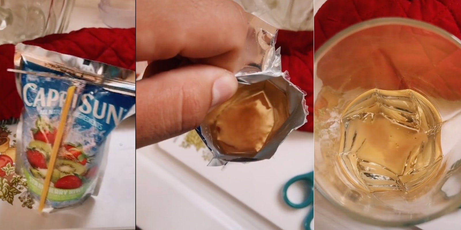 cutting open a new pouch of caprisun, opening caprisun to see mold, dumping juice in a cup with mold
