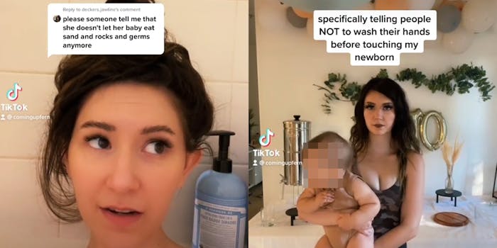 woman in bathroom with caption "please someone tell me that she doesn't let her baby eat sand and rocks and germs anymore" (L) woman holding baby with caption "specifically telling people NOT to wash their hands before touching my newborn"