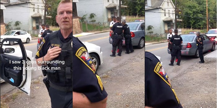 A woman was blocked from recording an interaction between a young Black man and three police officers.
