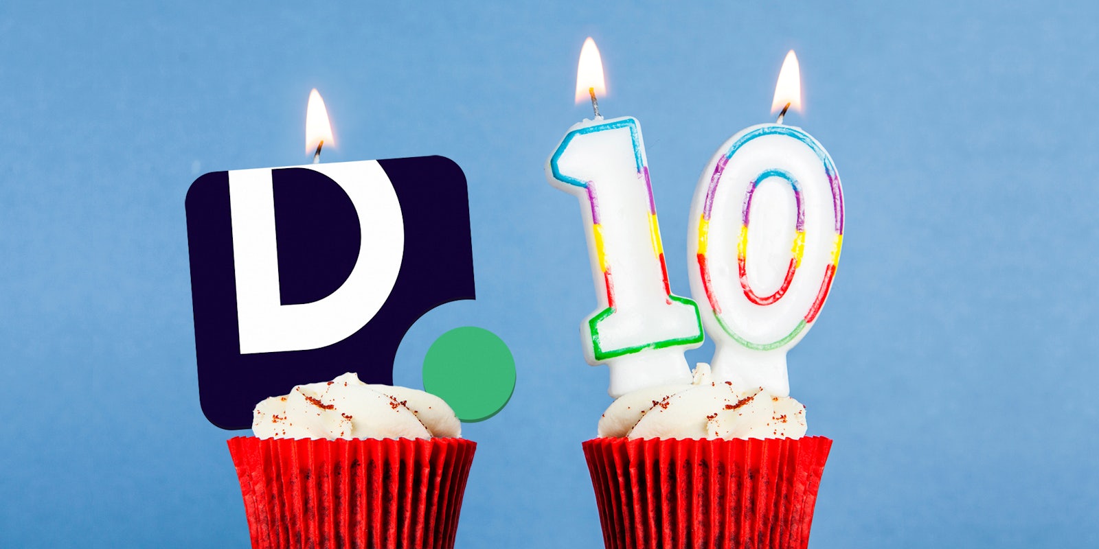 Daily Dot logo candle and Number 10 birthday candle in cupcakes against a blue background