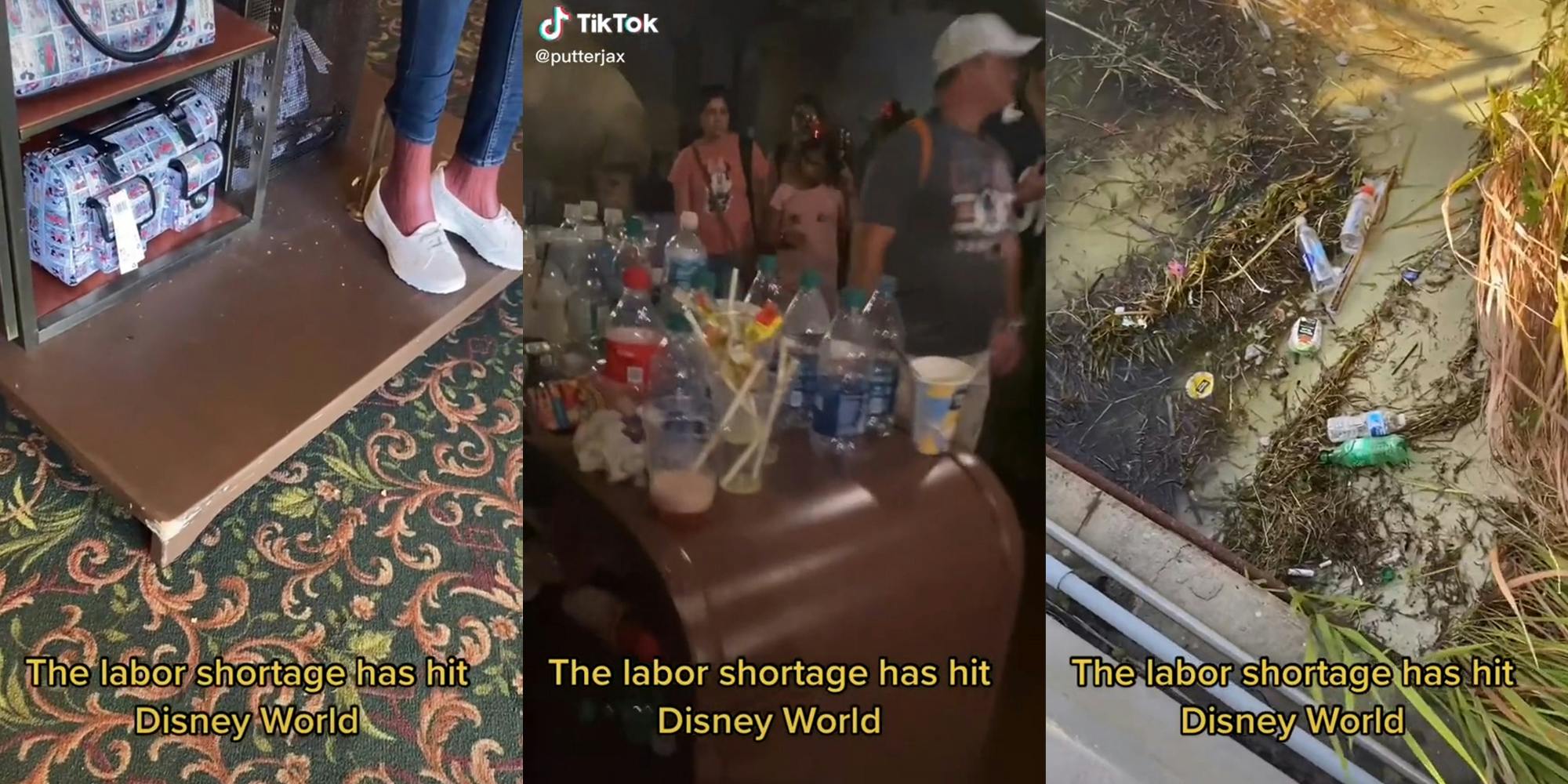 Feet standing on scuffed platform (l) visitors walking past an overflowing garbage can (c) trash on beach (r) all with caption "The labor shortage has hit Disney World"