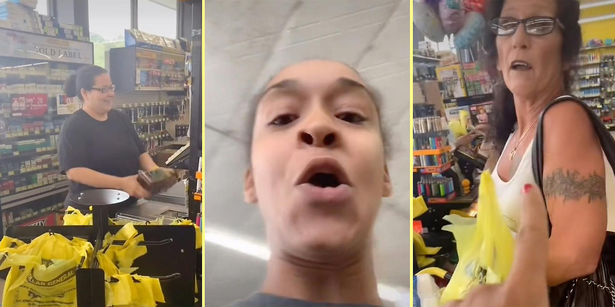 A cashier (L), a woman talking into camera (C), and a woman looking into camera (R).