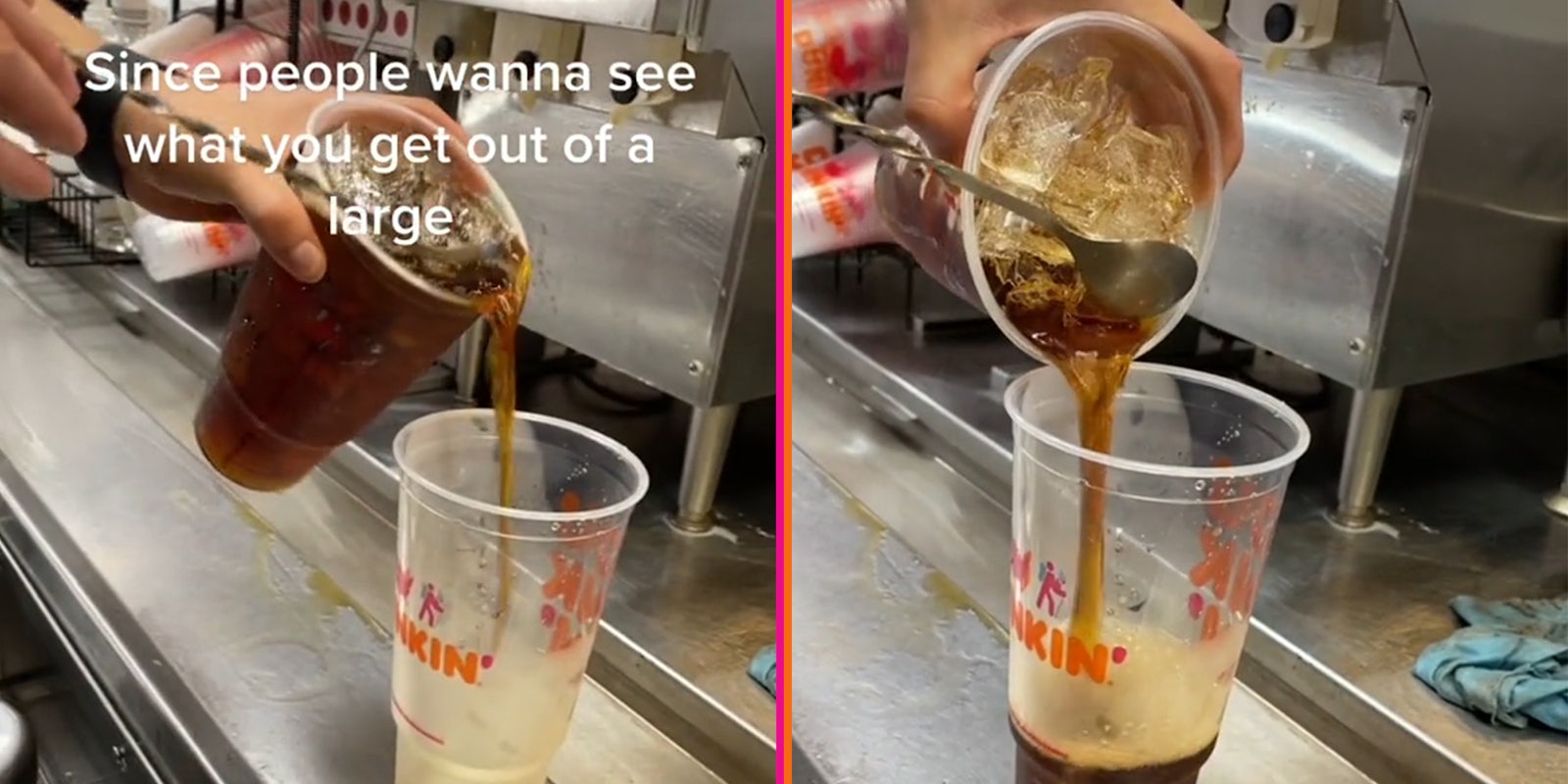 hand pouring large coffee into empty cup with caption 'Since people wanna see what you get out of a large' (l) spoon holding back ice as coffee pours into cup (r)