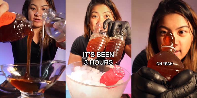 young woman pouring honey and corn syrup into dish (l) removing bottles with honey from ice bowl with caption "It's been 3 hours" (c) young woman squeezing honey from bottle with caption "oh yeah" (r)