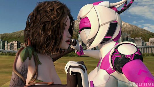An animated woman kisses a female android in the futa sentai squad scene sexy kiju