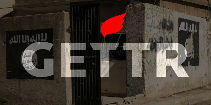 GETTR logo over building with ISIS flag graffiti