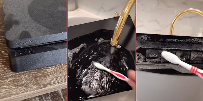 A PS4 being cleaned.