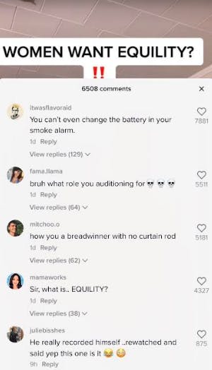 comment section of misogynist tiktok account