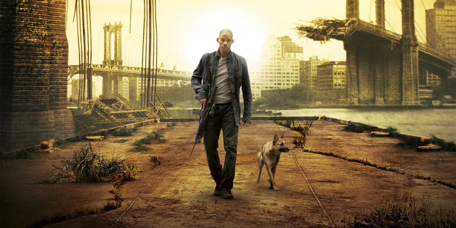 will smith walking with rifle and dog in bombed out city