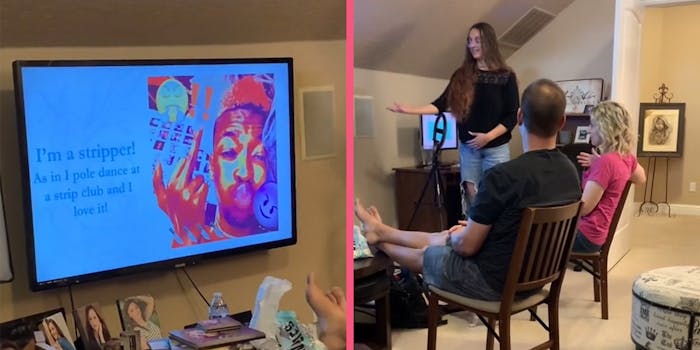 Television with man giving the finger and caption "I'm a stripper! As in I pole dance at a strip club and I love it" (L) young woman gesturing toward television while her parents sit in chairs watching (r)