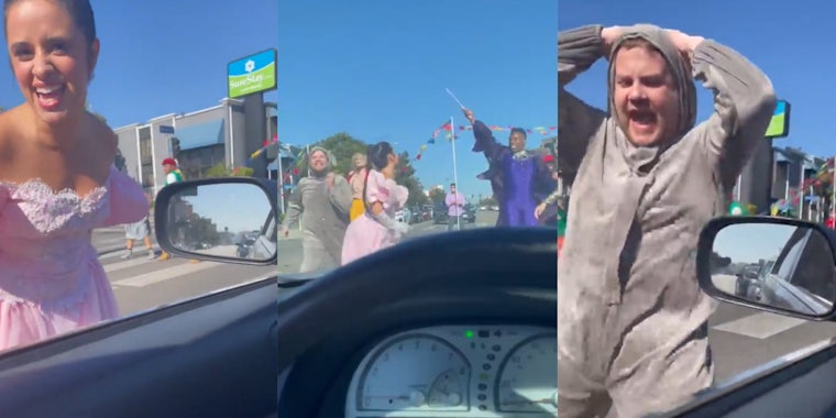 James Corden thrusts his groin at a driver while dressed in a mouse suit, woman in dress sings at driver's window
