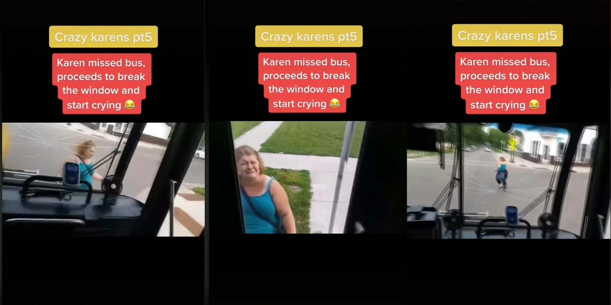 A Karen hits a bus window in response to the driver not letting her on.