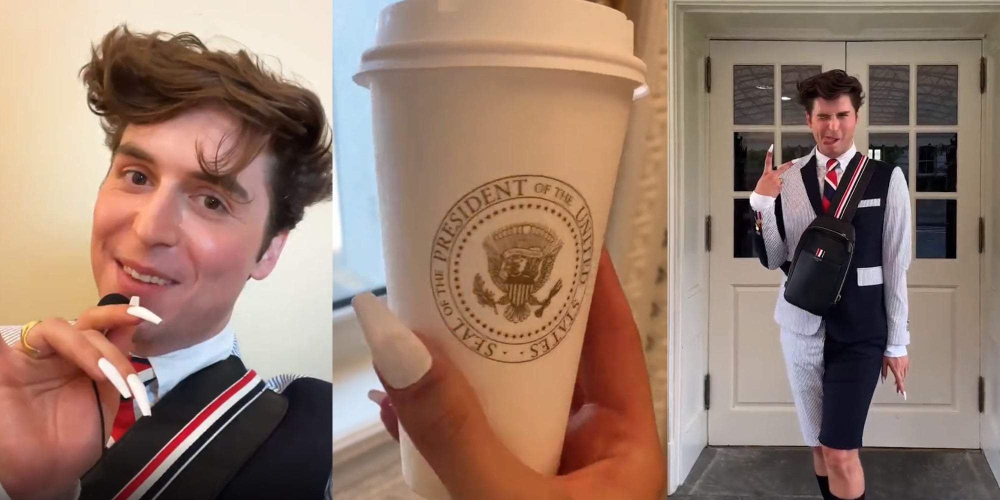 man speaking into microphone with long white nails (l) hand holding coffee cup with Presidential seal (c) man giving peace sign with hand and sticking out tongue (r)