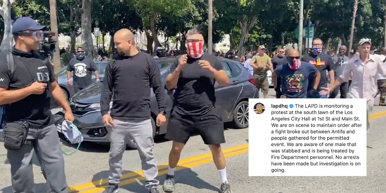 lapd caption blaming saturday's anti-vax protest violence on antifa over a screengrab of alleged proud boys at the protest