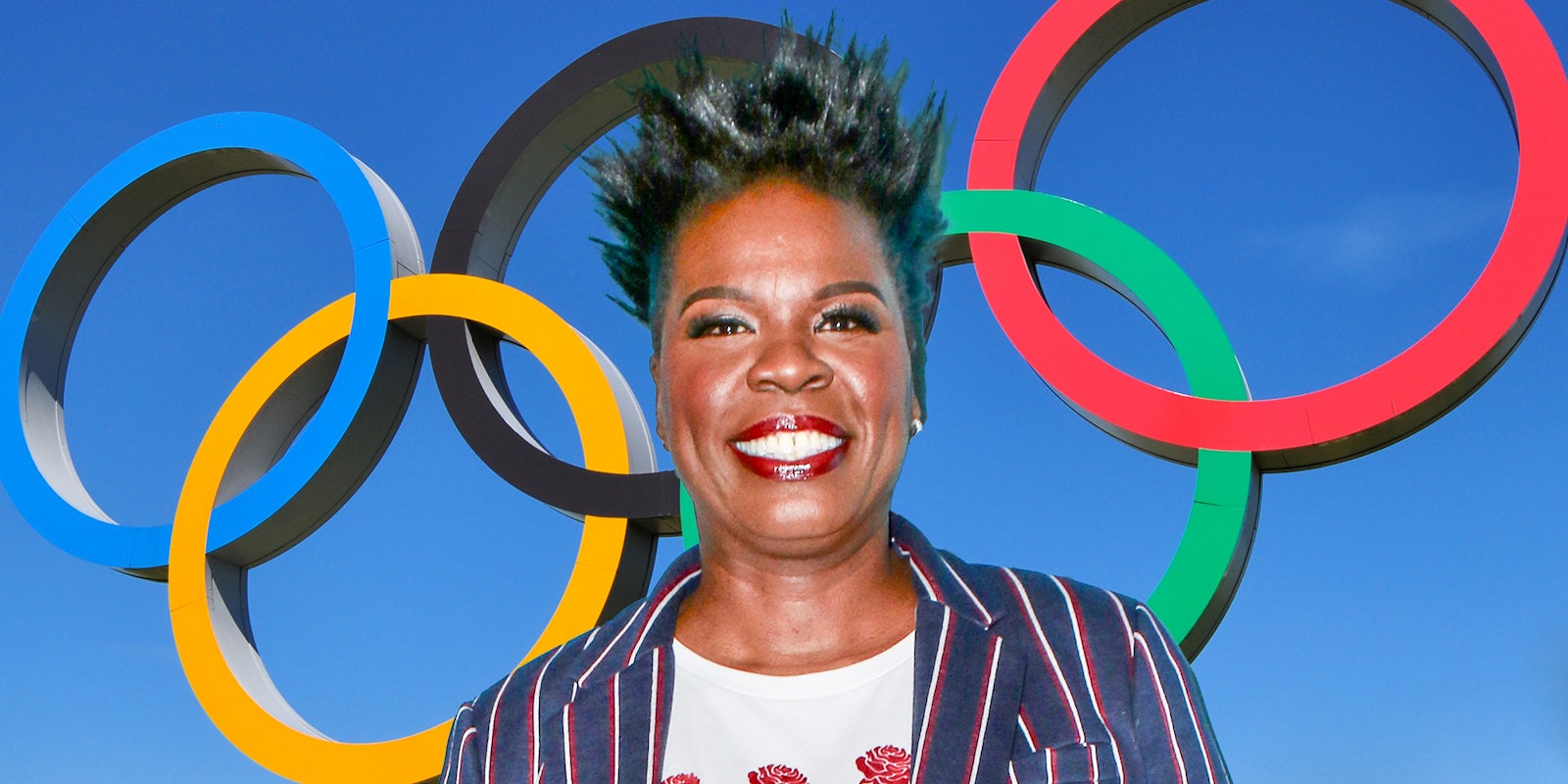 Leslie Jones in front of Olympic rings