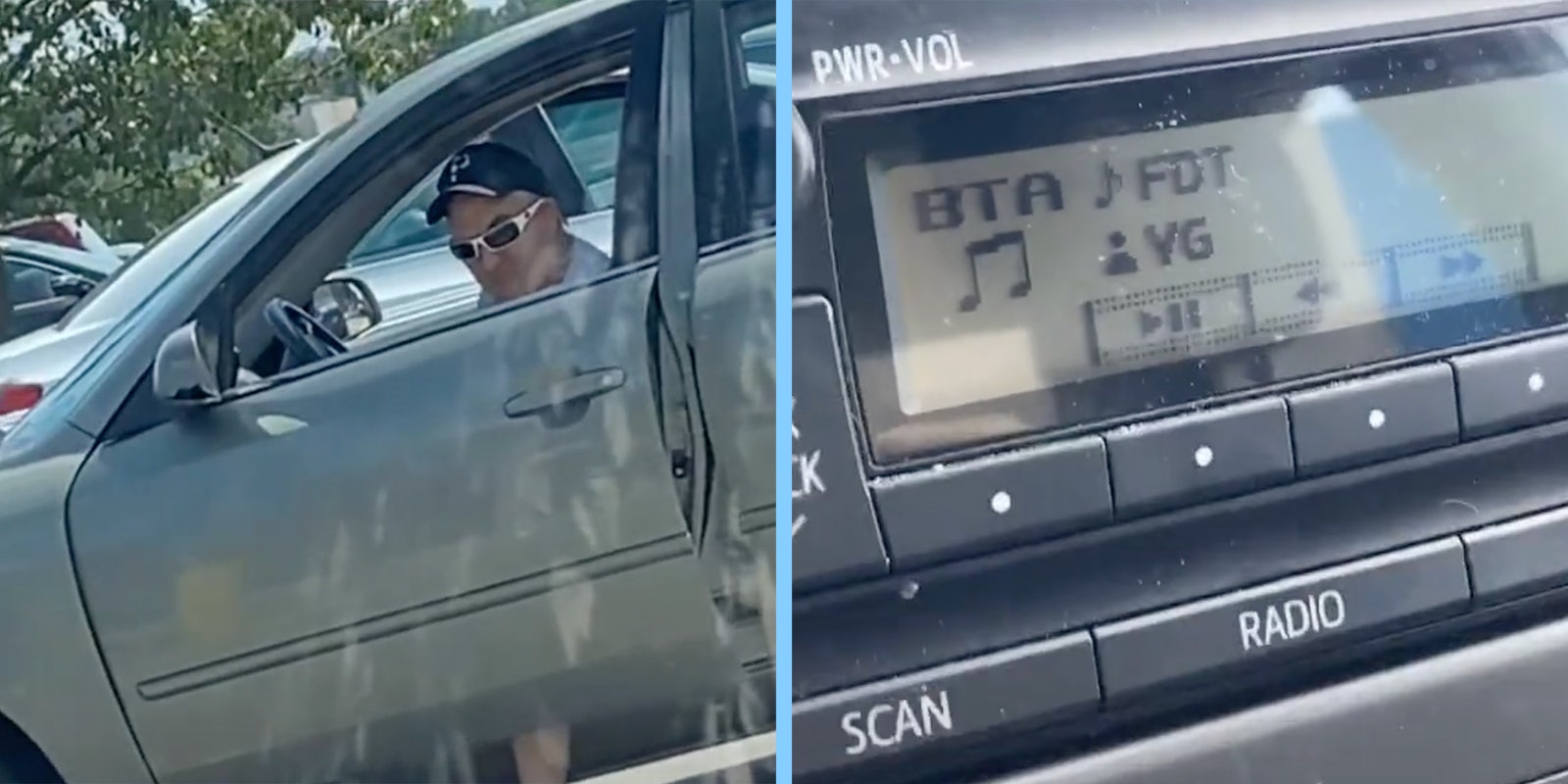 A man in a car (L) and a car stereo (R).