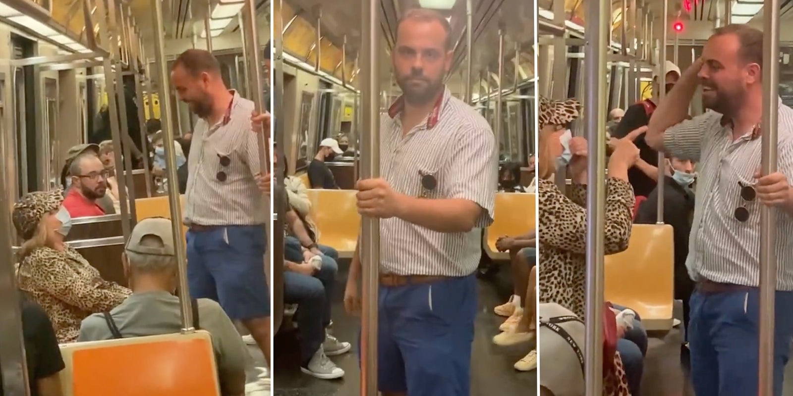man harrasses elderly woman over her mask on an nyc subway