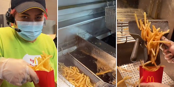 A McDonald's worker making French fries.
