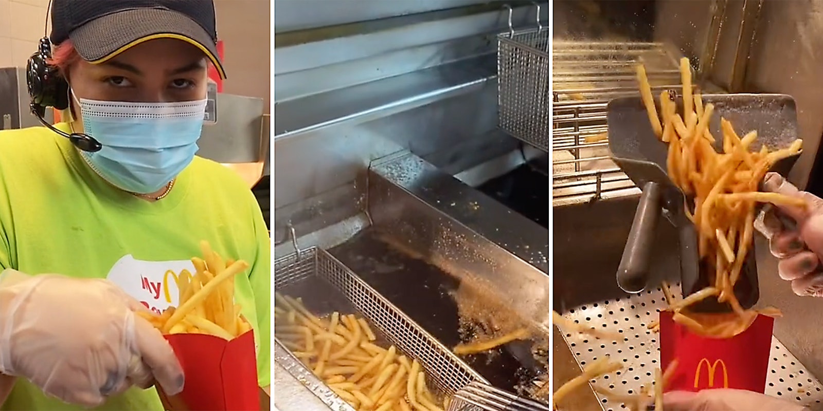 A McDonald's worker making French fries.