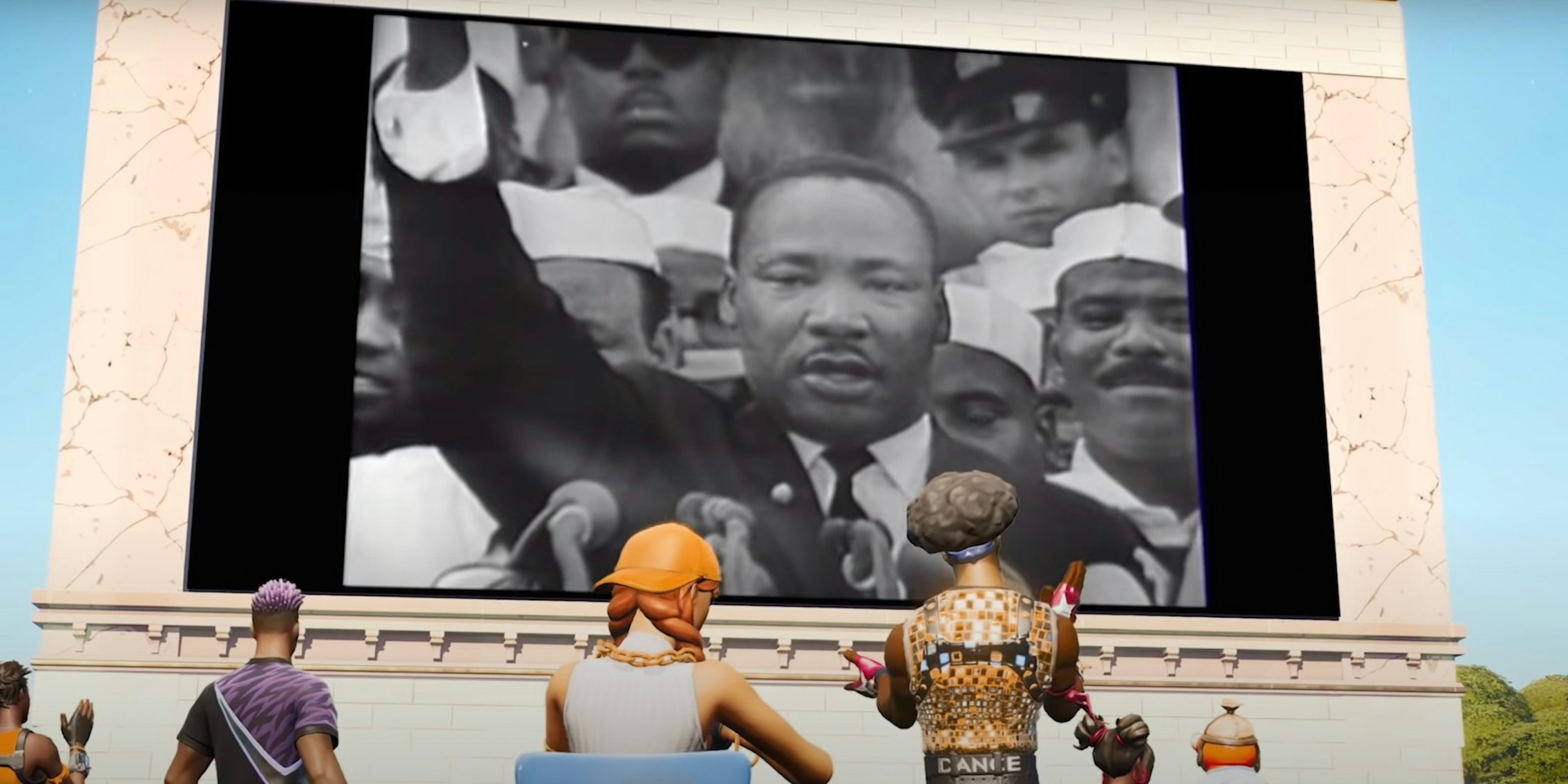 martin luther king jr reciting i have a dream speech on screen in fortnite