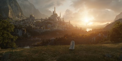 wide shot of fantasy setting in lotr series