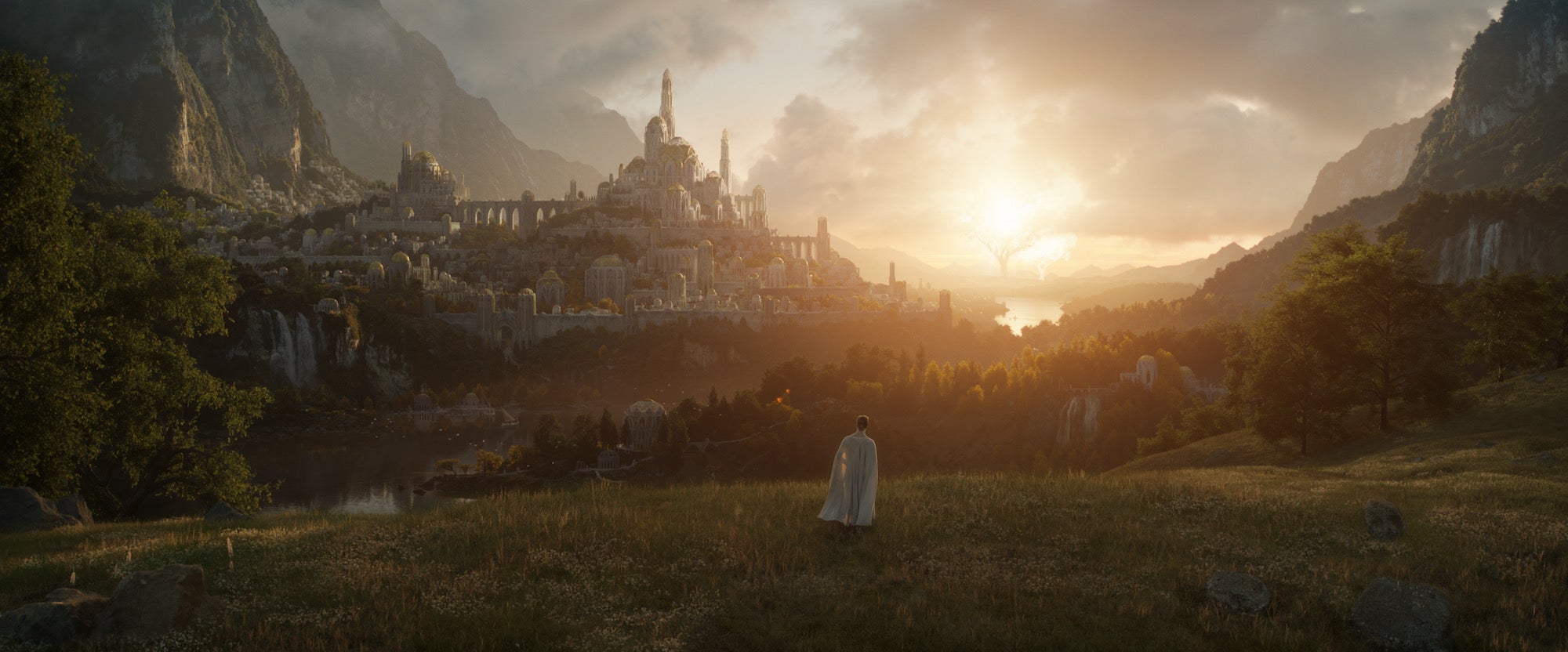 wide shot of fantasy setting in lotr series