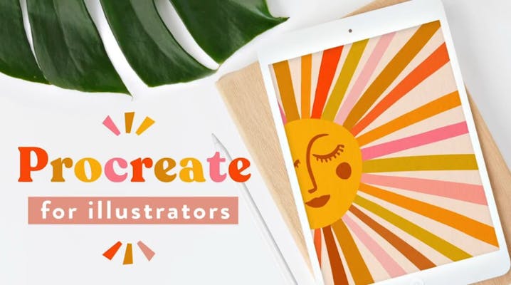 procreate for illustrators in text next to ipad with sun illustration