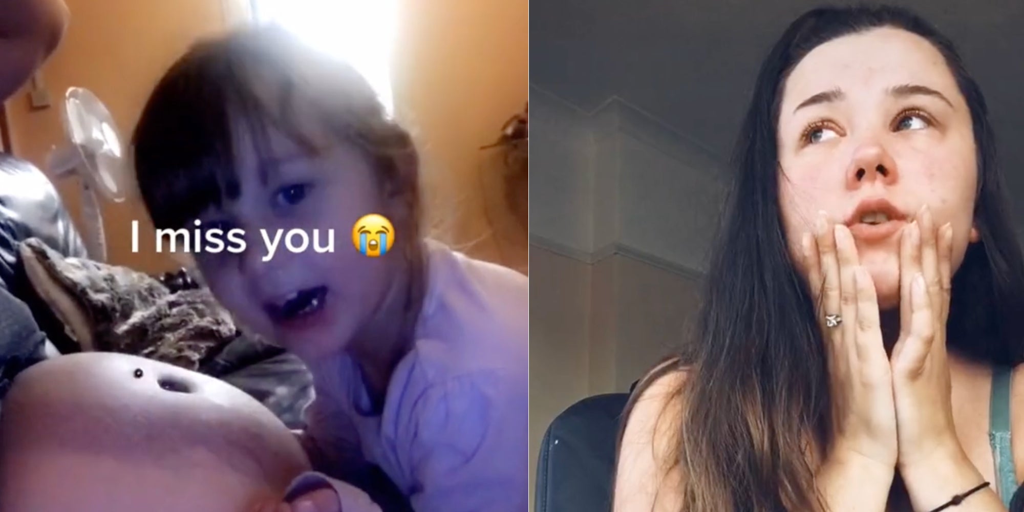 A child hugging pregnant woman's stomach (l), TikToker @nikkip210 seemingly crying (r)