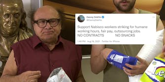 Danny Devito as Frank Reynolds holding a bag of chips with inset tweet from Danny Devito "Support Nabisco workers striking for humane working hours, fair pay, outsourcing jobs. NO CONTRACTS NO SNACKS"