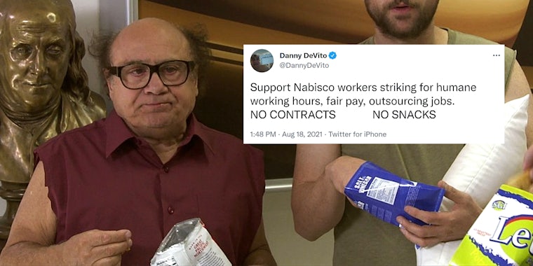 Danny Devito as Frank Reynolds holding a bag of chips with inset tweet from Danny Devito 'Support Nabisco workers striking for humane working hours, fair pay, outsourcing jobs. NO CONTRACTS NO SNACKS'