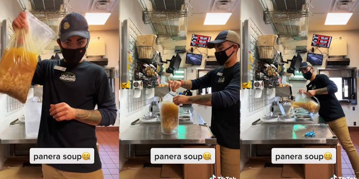man holds up bag of soup (l) man cuts top off bag of soup (c) man pours soup into container (r) all with caption "panera soup"