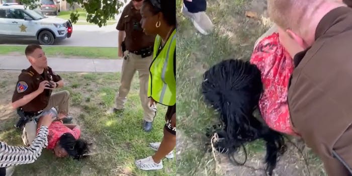 police officer sits on young woman on ground, speaking to her mother (l) young woman with face in the grass, held down by police officers (r)