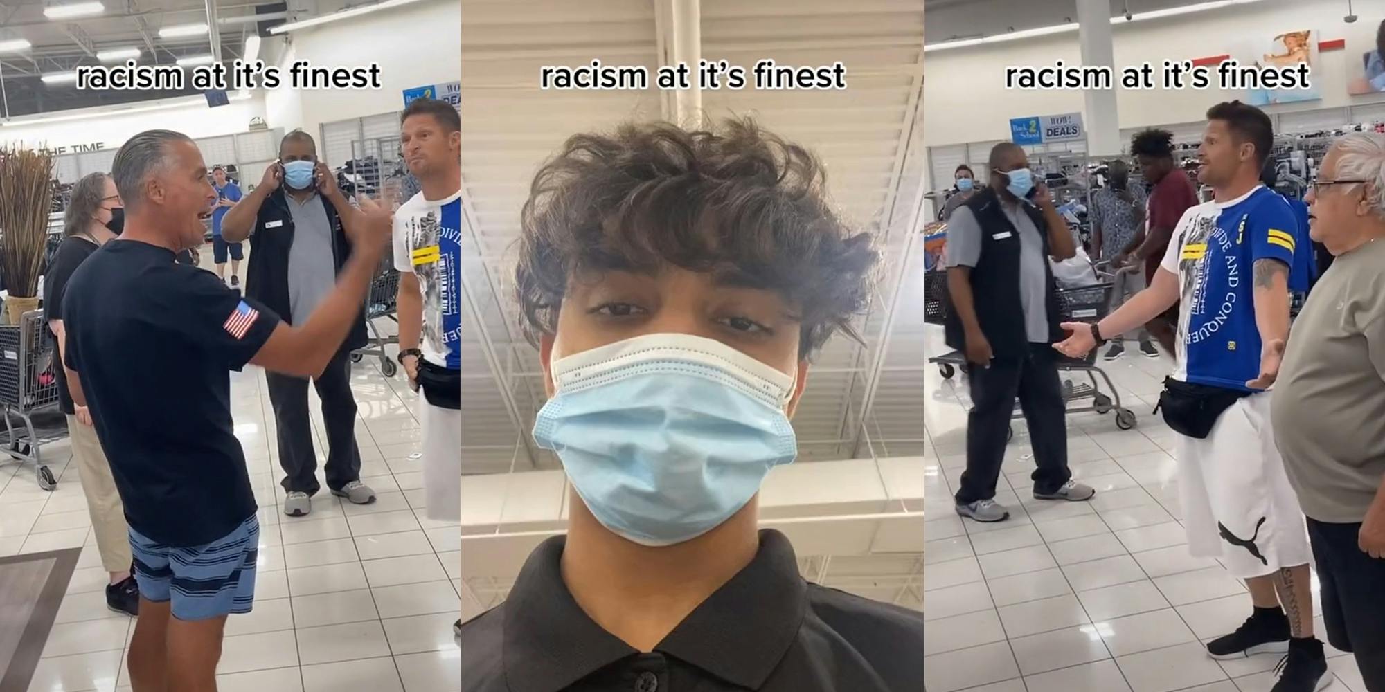 man gesturing and yelling in a store (l) young man in mask (c) man with arms outstretched (r) all with caption "racism at it's finest"