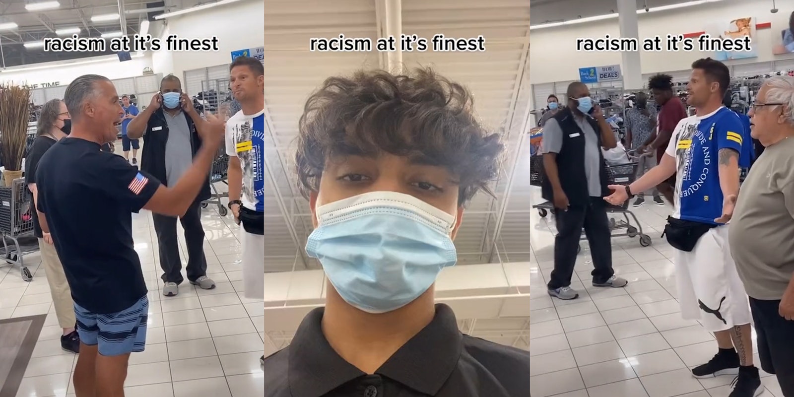 man gesturing and yelling in a store (l) young man in mask (c) man with arms outstretched (r) all with caption 'racism at it's finest'
