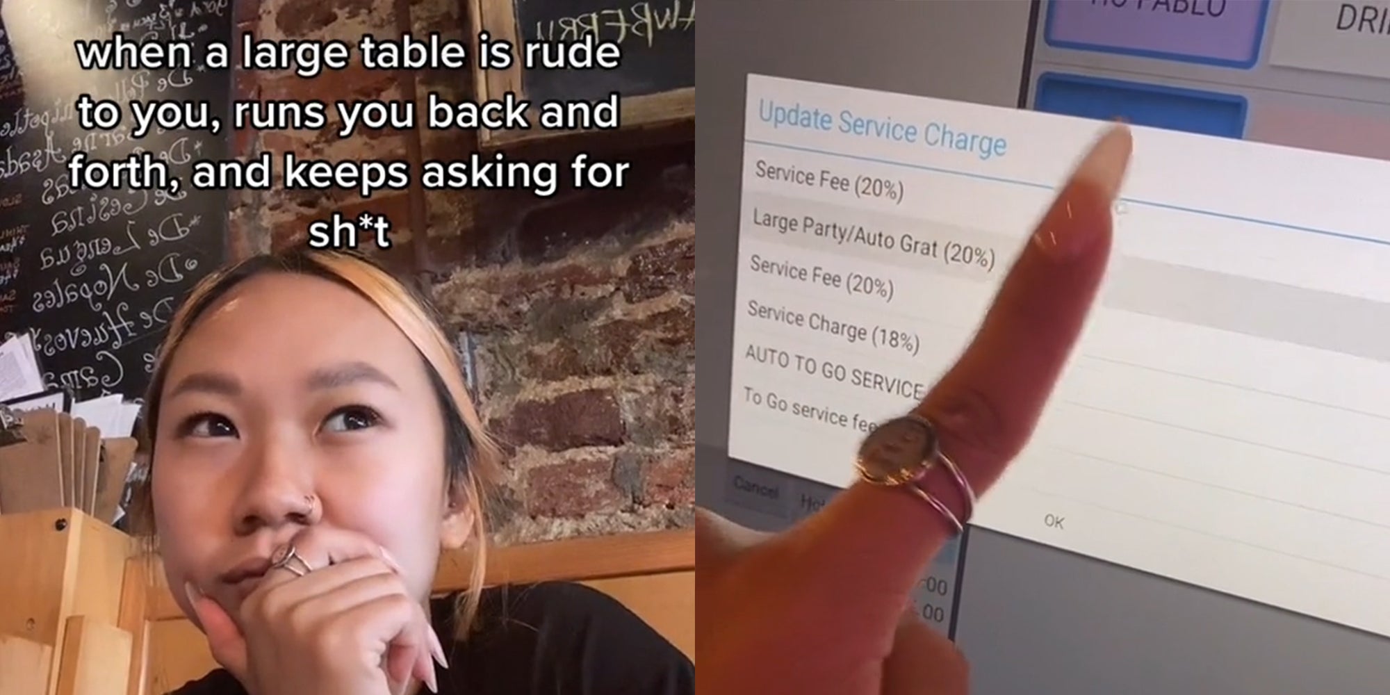 young woman with caption 'when a large table is rude to you, runs you back and forth, and keeps asking for sh*t' (L) woman pressing 'Large Party/Auto Grat (20%)' button on screen (R)