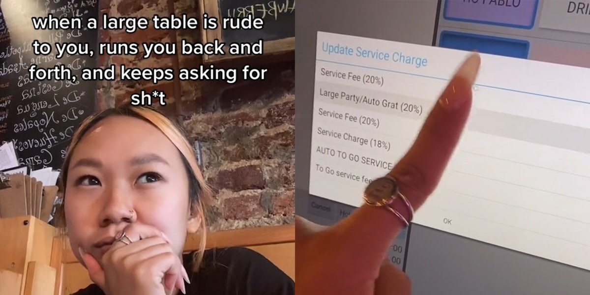 young woman with caption 'when a large table is rude to you, runs you back and forth, and keeps asking for sh*t' (L) woman pressing 'Large Party/Auto Grat (20%)' button on screen (R)